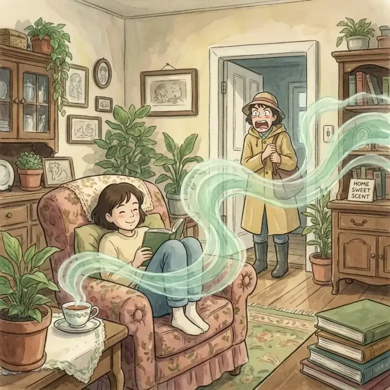 Illustration of a relaxed host who cannot smell what her arriving guest immediately notices