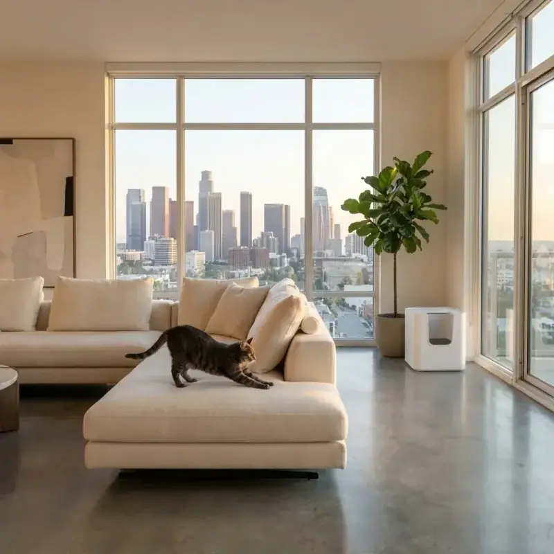American living room with a cat, no litter box smell