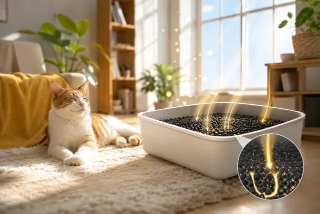 Happy cat in a bright fresh living room beside a litter box with activated carbon granules