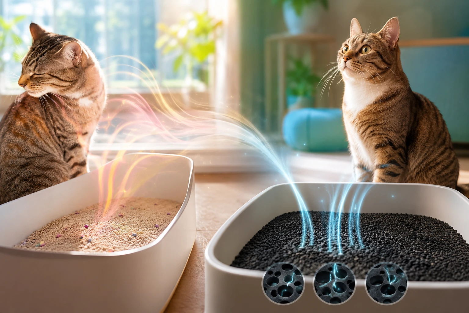 Un chat se detourne d'un bac parfume et reste calme pres d'un bac avec granules de charbon actif