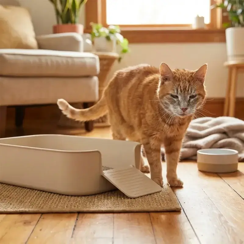 Senior orange tabby cat beside an easy-access litter box