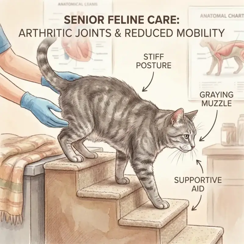 Illustration showing mobility support for a senior cat with arthritis