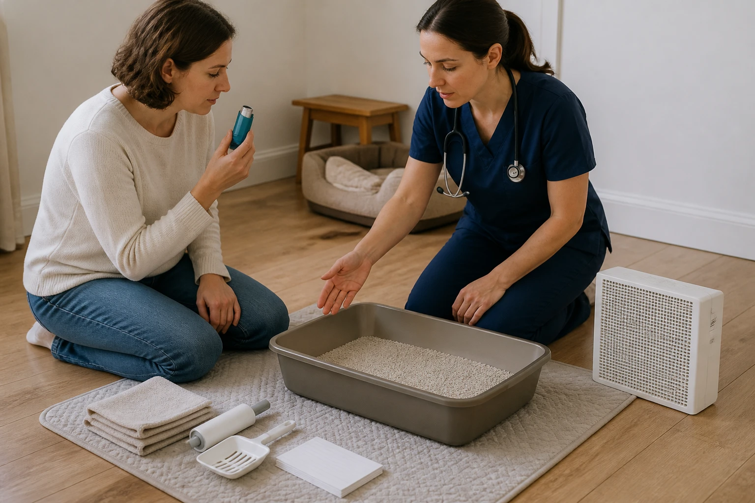 Home consultation about a sensitive cat with low-dust litter supplies