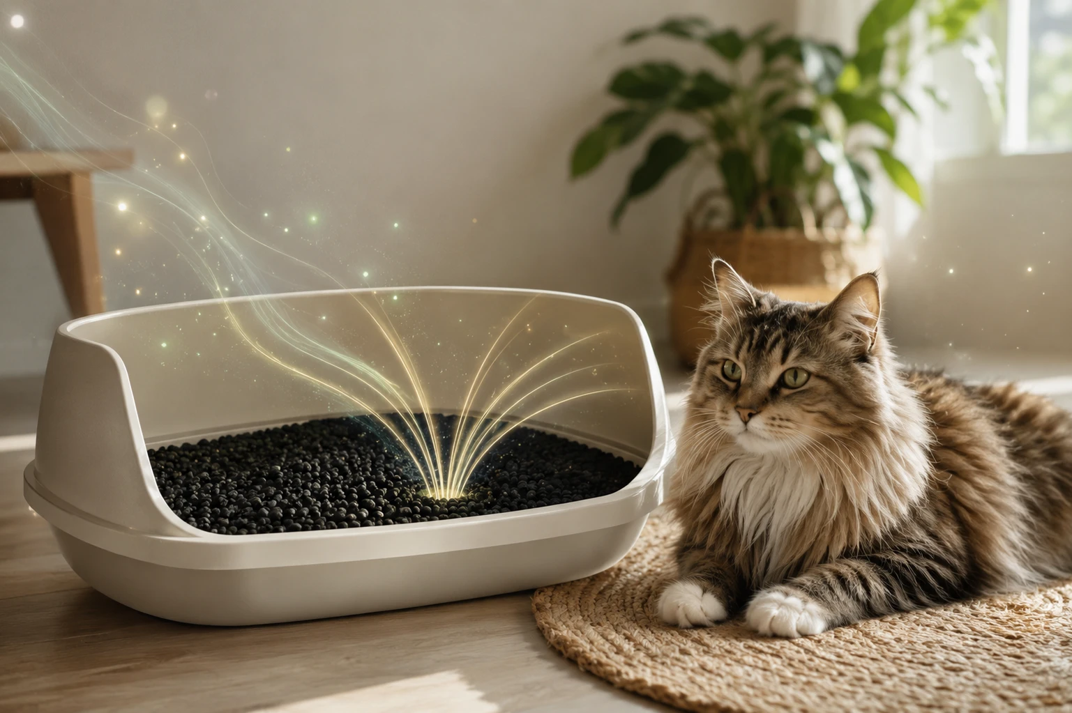 A relaxed cat resting near a clean litter box topped with unscented activated carbon granules