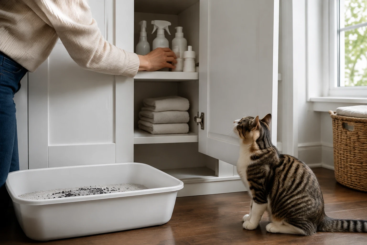 Fragrance sprays being put away beside an unscented litter box