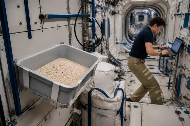 Bac à litière fixé dans une cabine réaliste de station spatiale