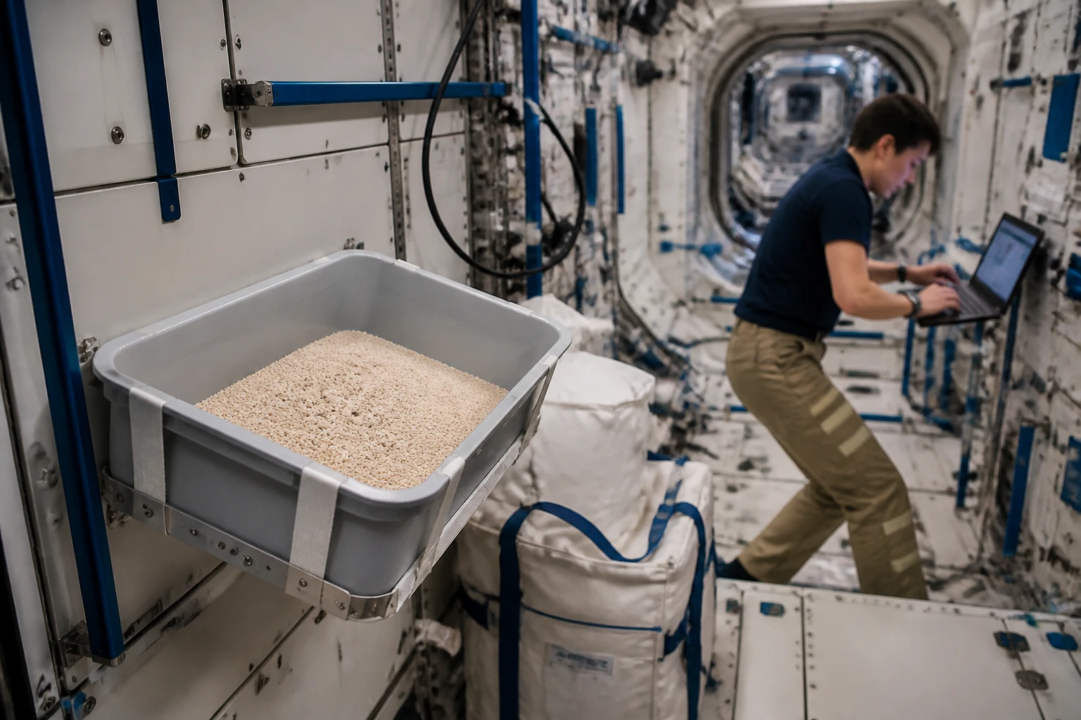 Secured litter box inside a realistic space-station cabin