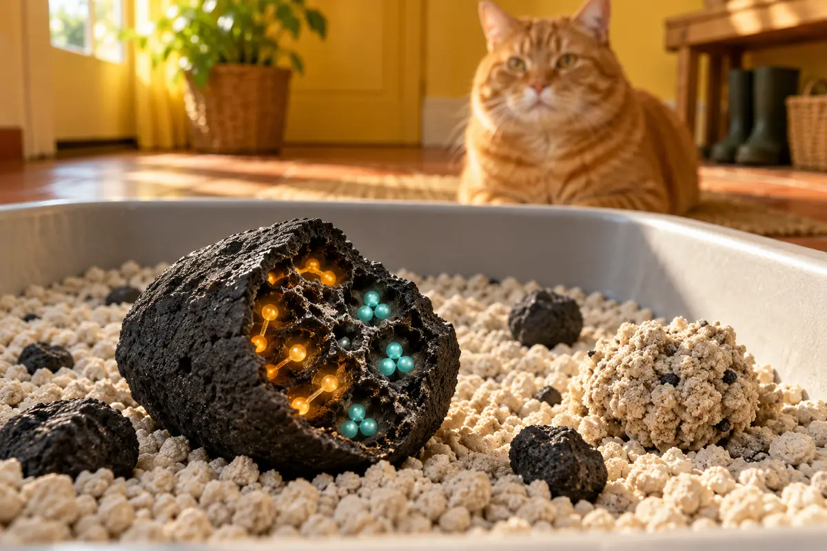Conceptual illustration of an orange cat behind a litter box, with an oversized black carbon grain split open like a geode, showing orange and turquoise abstract shapes inside.
