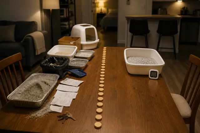 Long table comparing litter trays, receipts, and 90-day test tokens