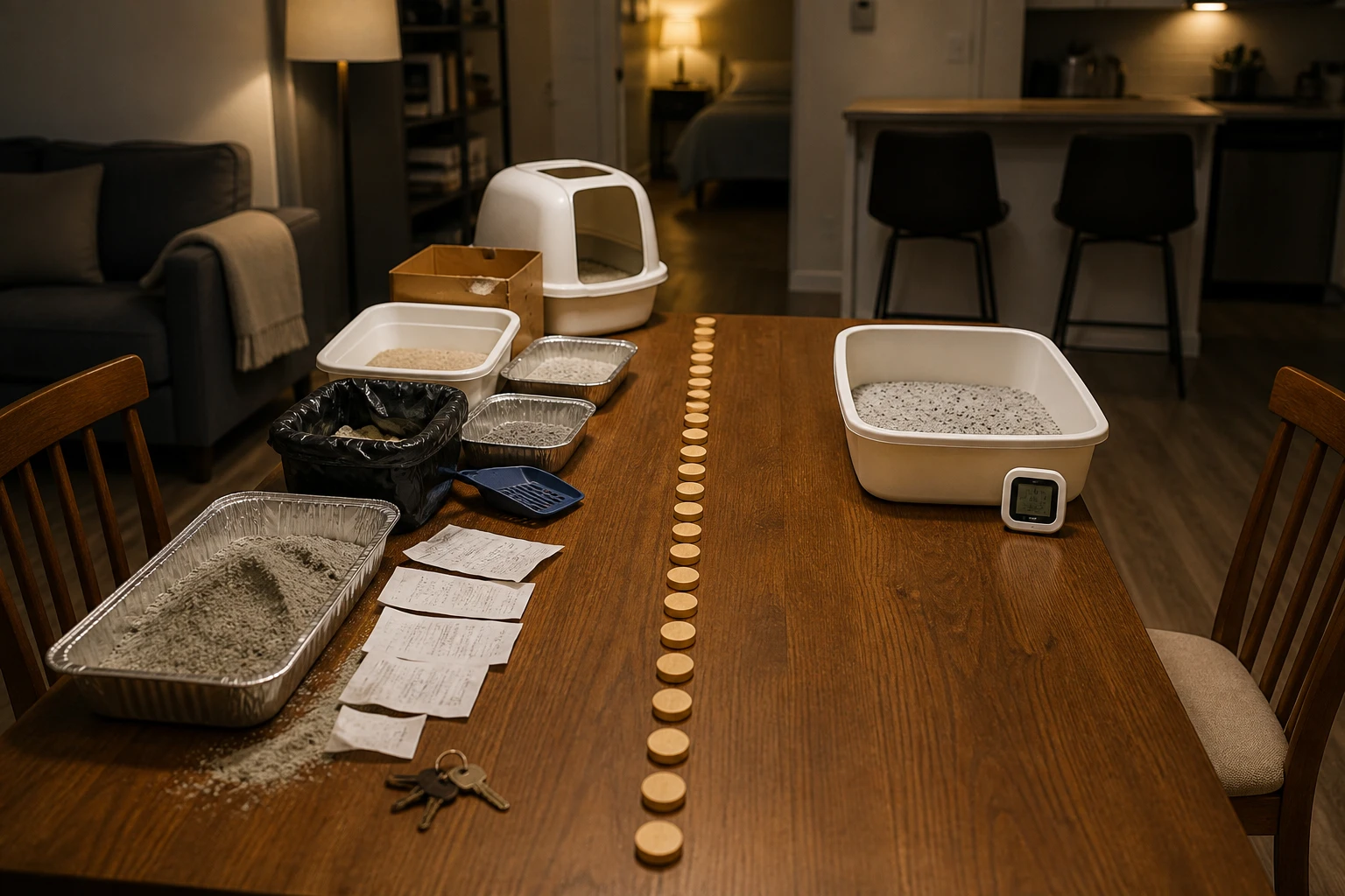 Long table comparing litter trays, receipts, and 90-day test tokens
