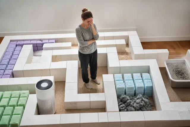 Une personne se tient à la sortie d’un labyrinthe de table d’options de contrôle des odeurs