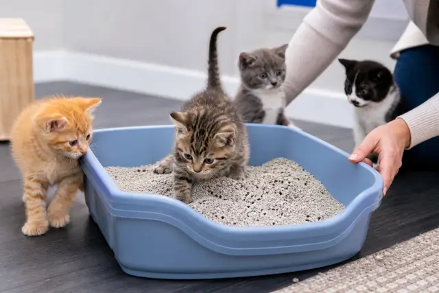 Kittens investigating a clean litter box while a person holds it steady