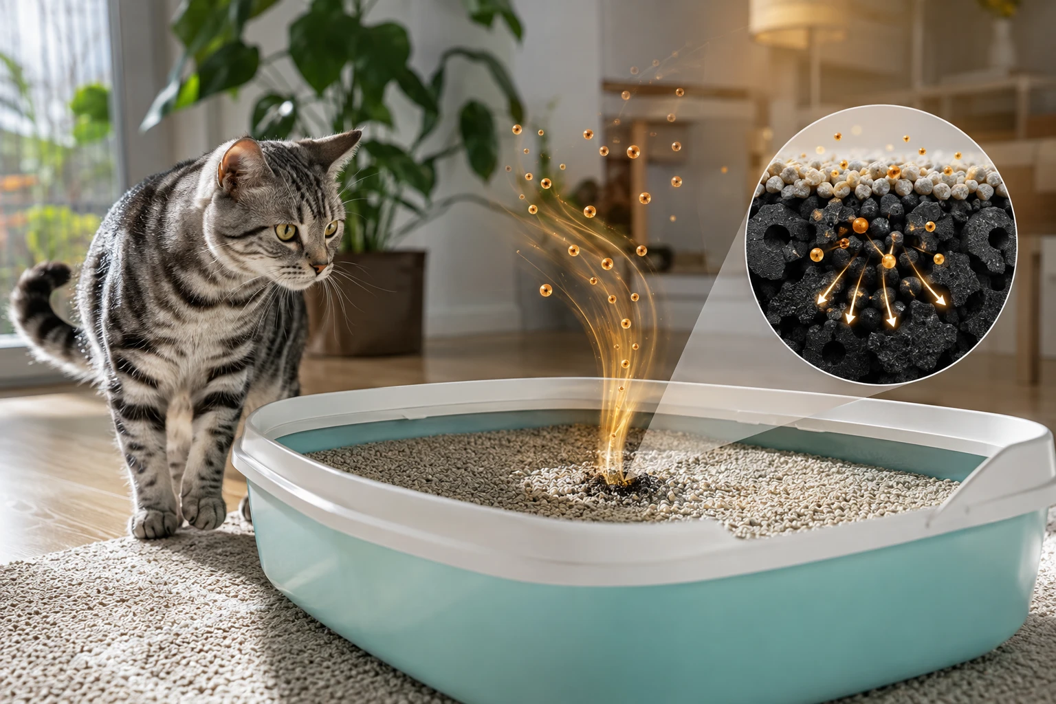Cat beside a clean litter box as odor molecules funnel into activated carbon granules