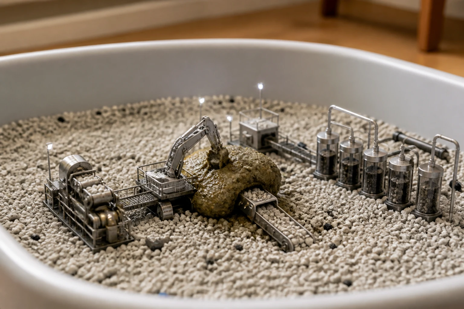 Miniature machinery at litter level inside a litter box