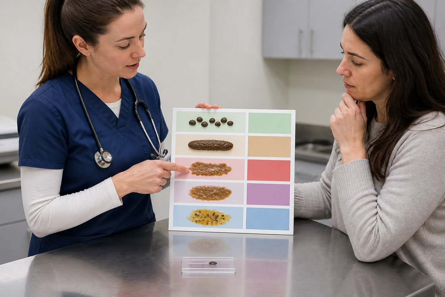 Veterinary discussion using a simple stool-color chart