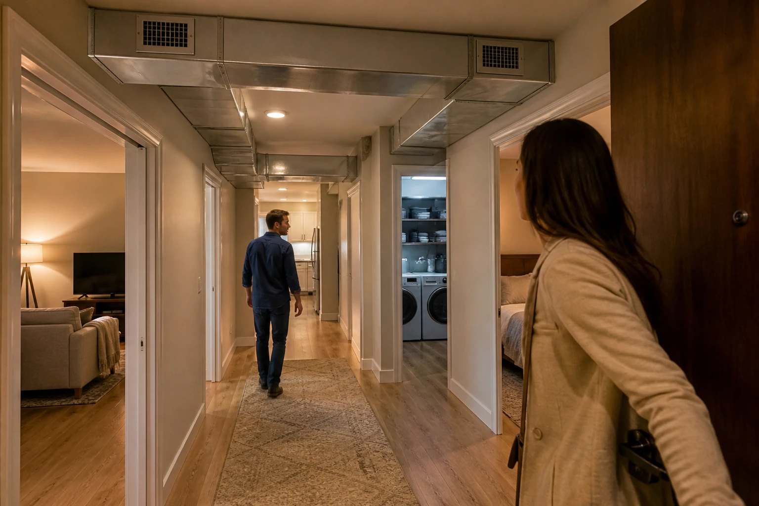 Connected home hallway with one resident and one arriving guest