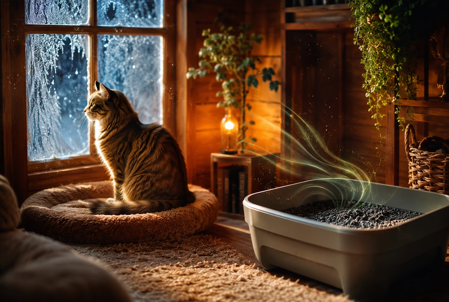 A content cat by a frosty window in a warm room with activated carbon granules in the litter box
