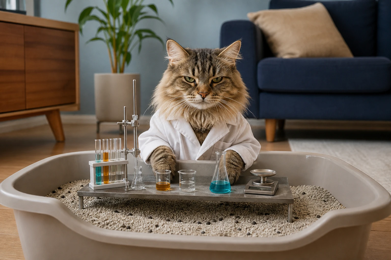 Cat posed at a litter box with a playful laboratory setup
