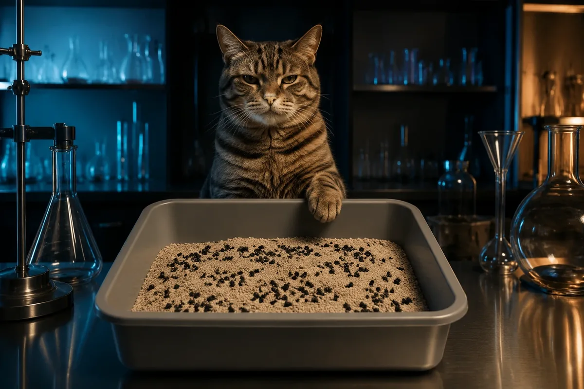 Chat hyperréaliste près d'un bac à litière moderne, illustrant la cécité olfactive féline dans une maison vibrante