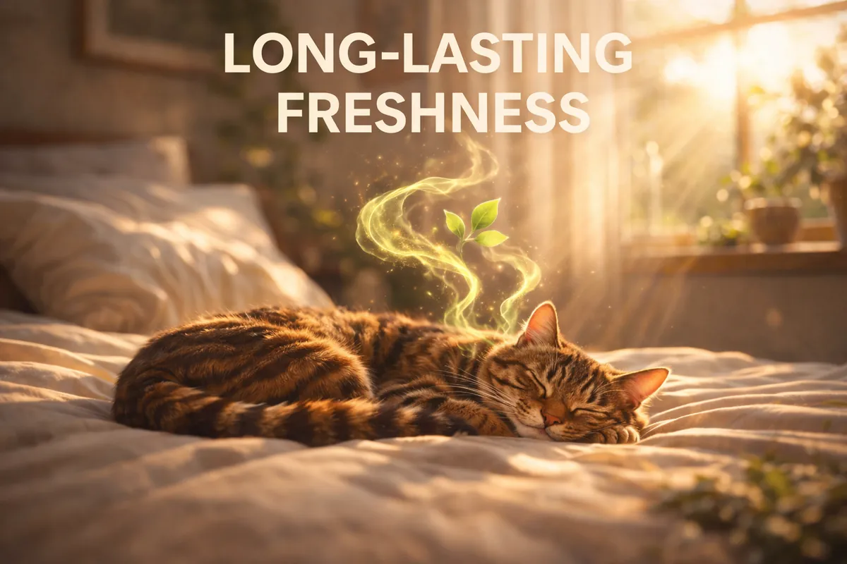 A cat relaxing on a fresh-smelling bed