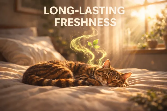 A cat relaxing on a fresh-smelling bed