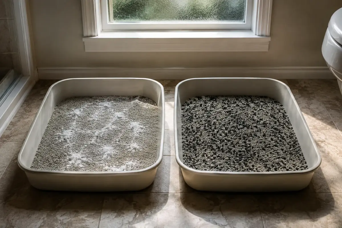 Two litter trays side by side, one dusted with baking soda, one with activated carbon granules mixed into the litter