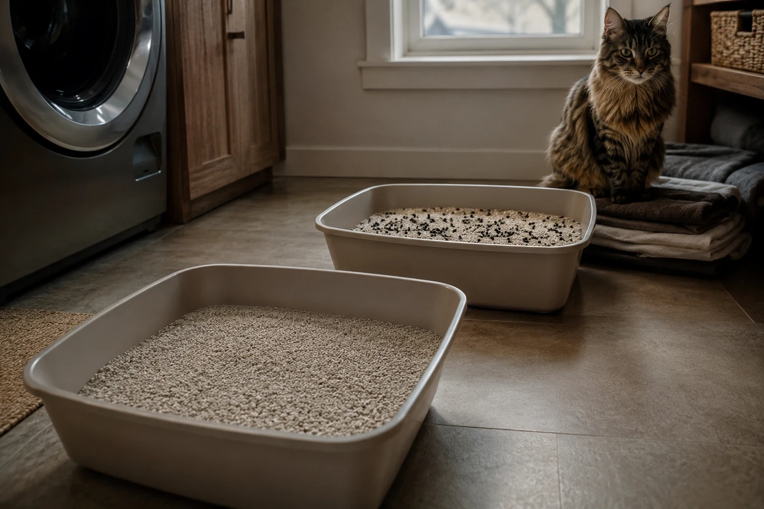 A cat resting beside its familiar litter box