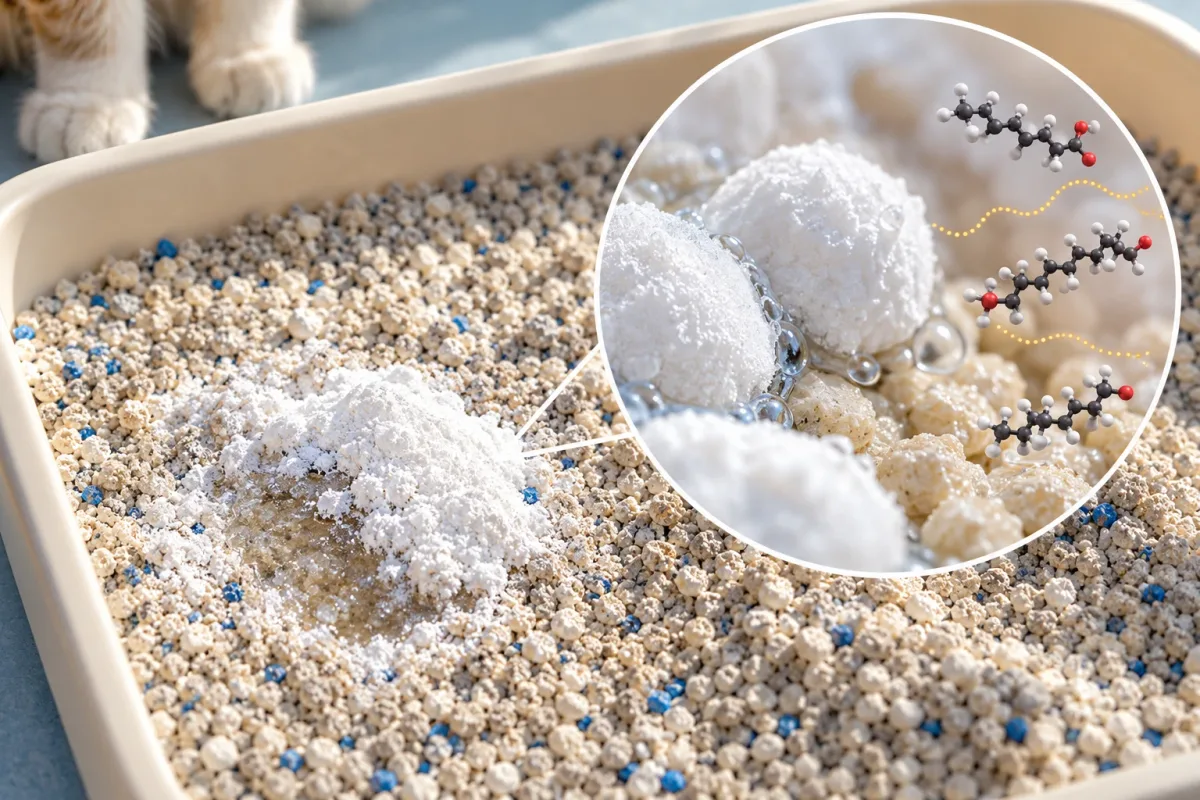 Magnified baking soda grains on damp litter, with odor molecules still floating free