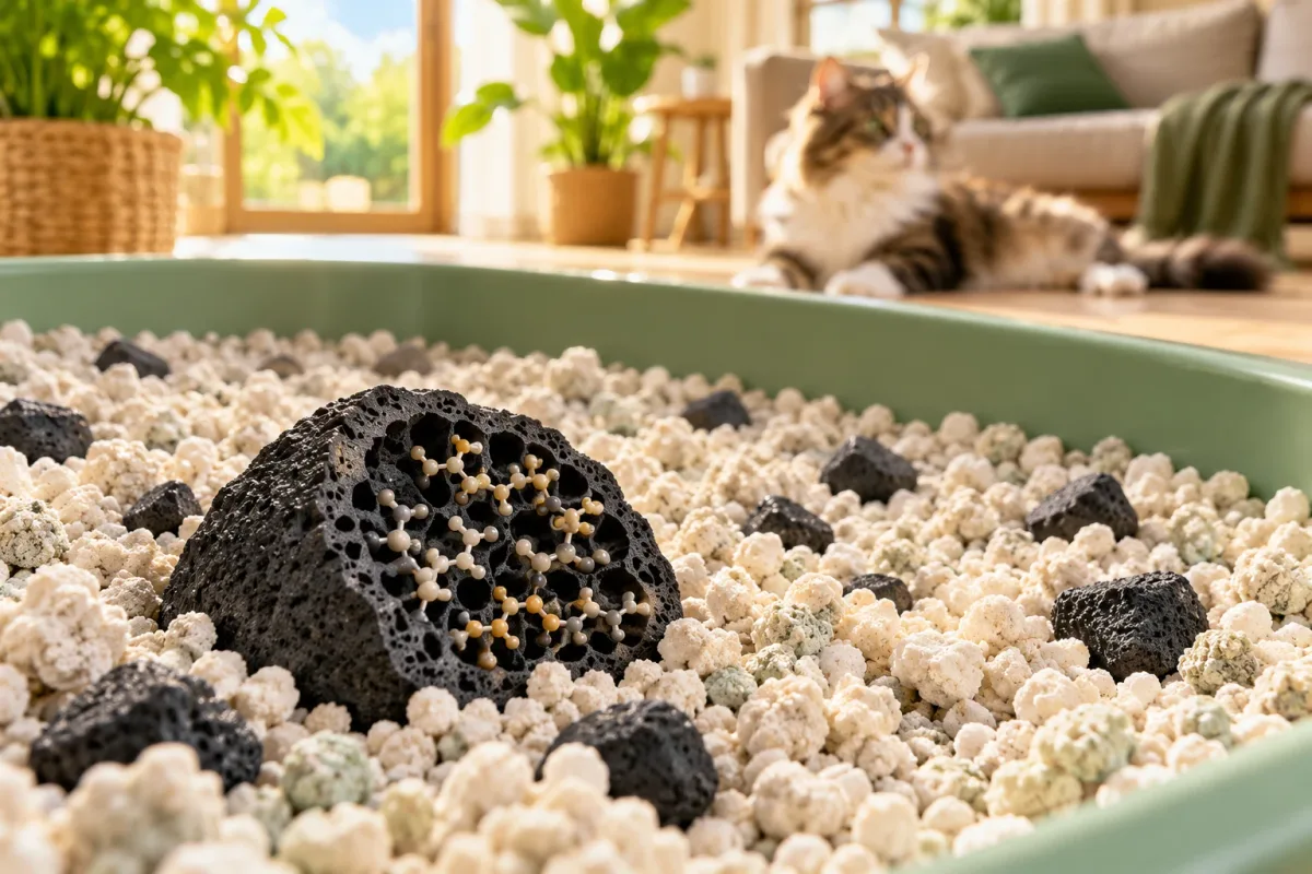 Cutaway of a carbon granule in litter, trapping odor molecules inside its pores, with a clear home beyond