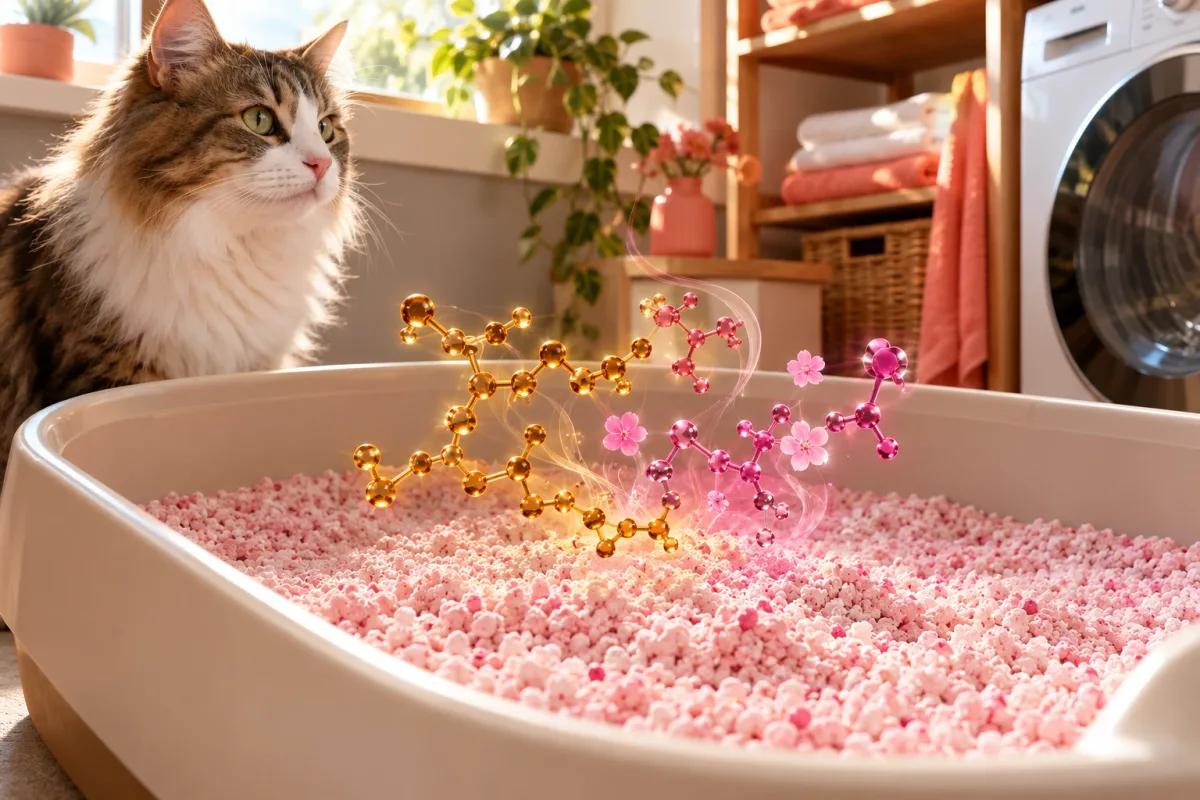 Scented pink litter where fragrance and odor molecules mix at the surface, cat beside the box