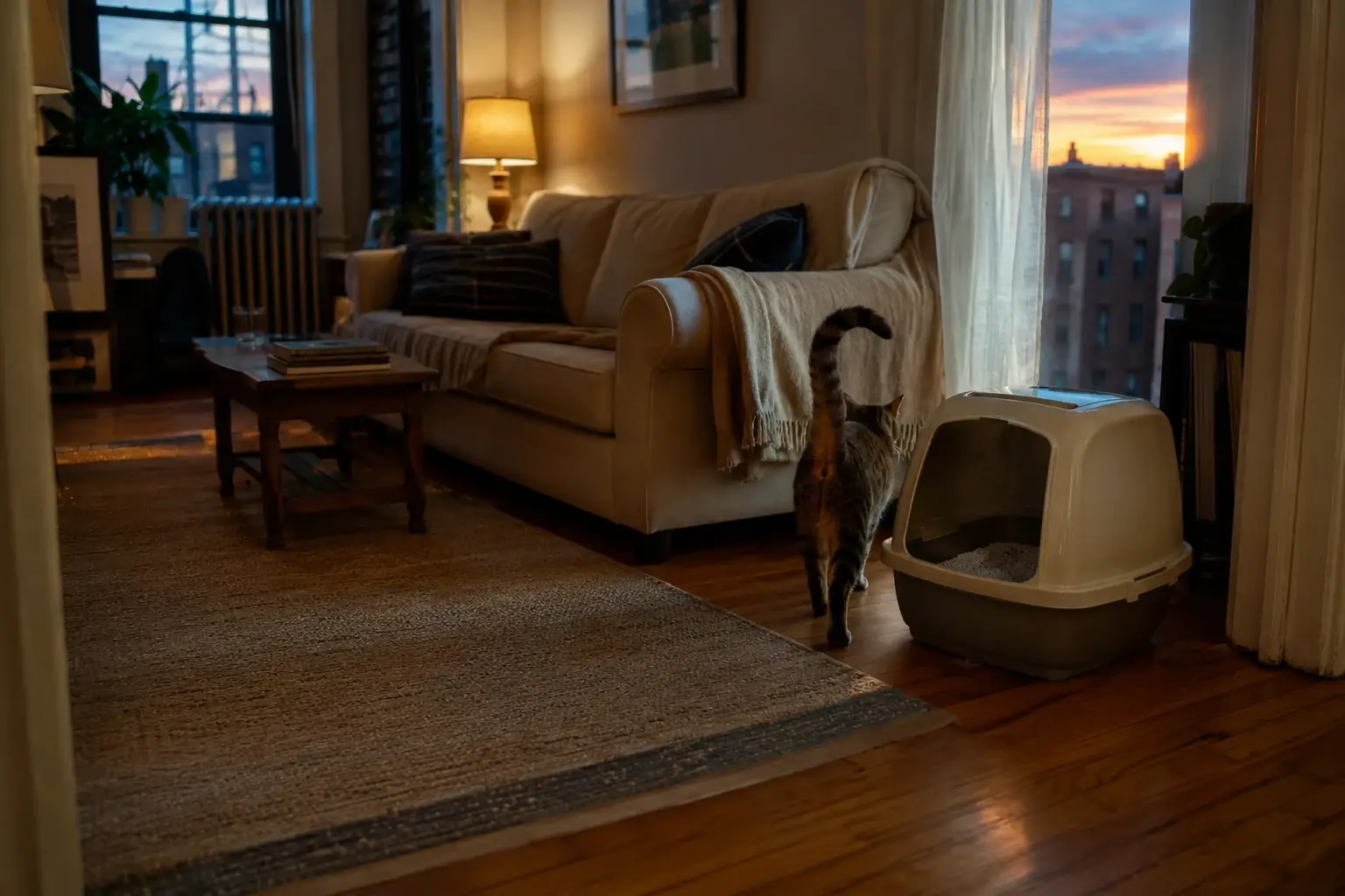A living room at dusk with a litter box beside the sofa