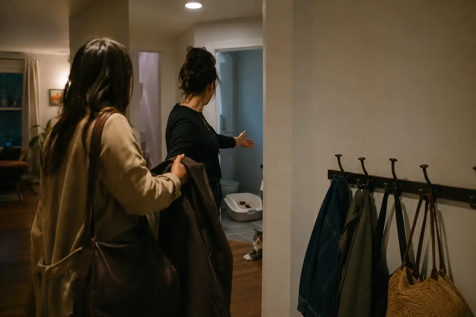 A cat parent opening the front door for a friend, litter box in the next room
