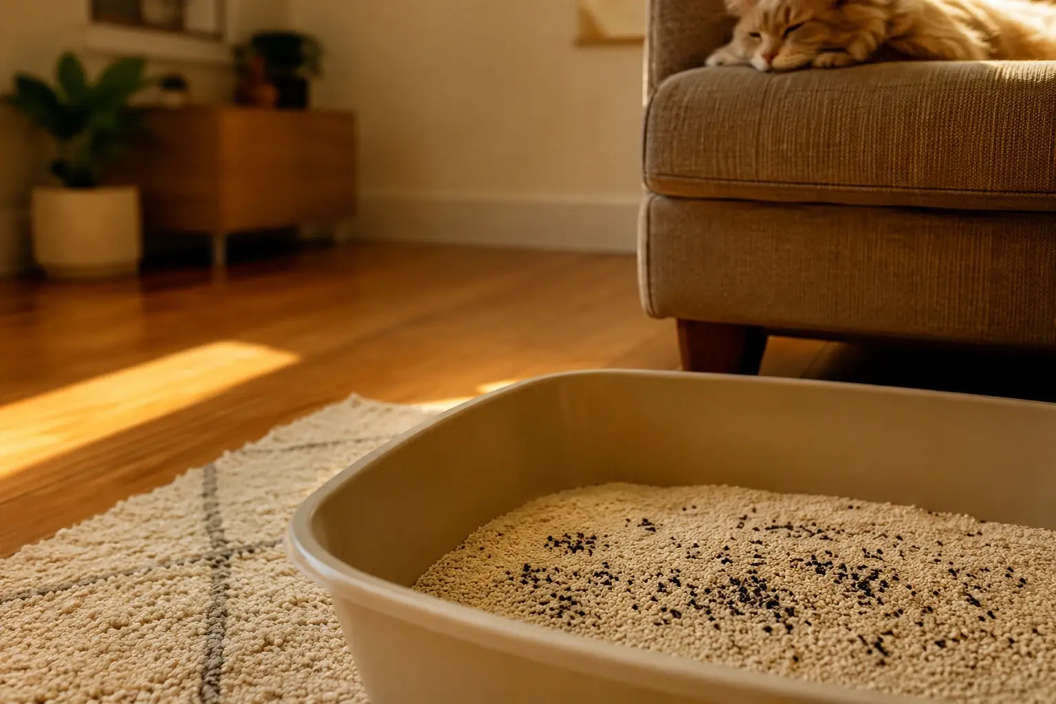 Purrify granules mixed into fresh litter in a clean box, warm afternoon light