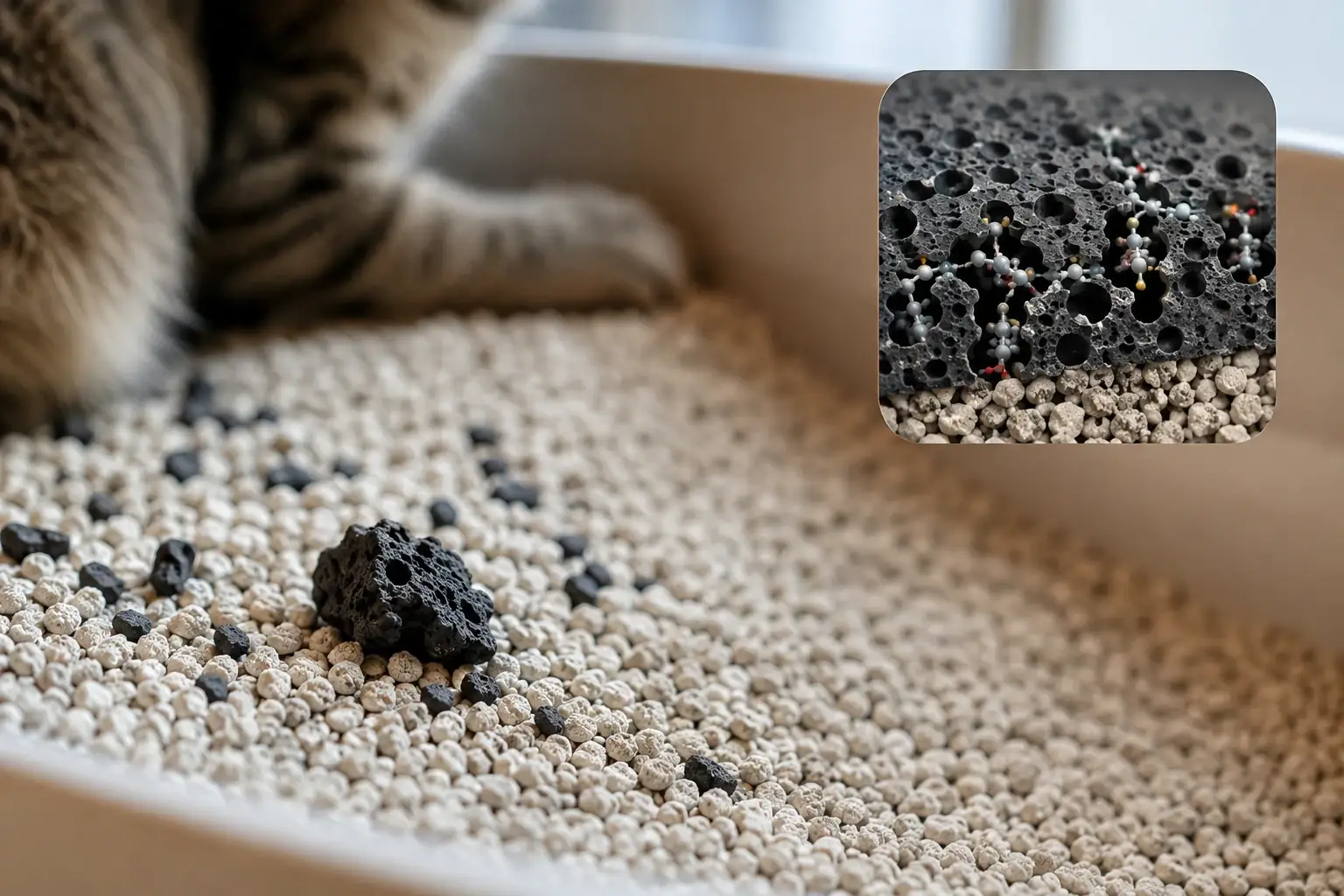 Close-up of black activated carbon granules sitting on cat litter