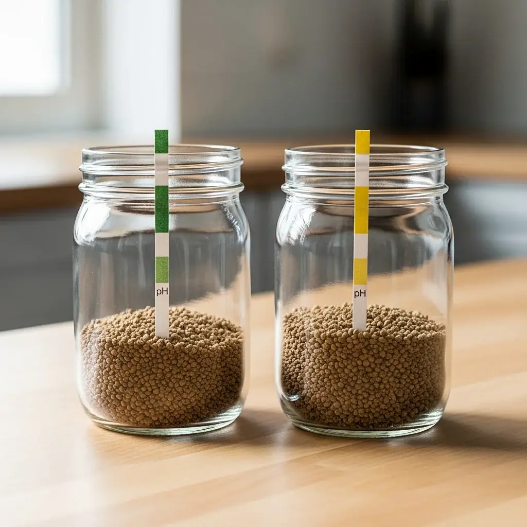 Deux pots en verre transparents côte à côte sur un comptoir en bois avec des bandes pH, illustrant le montage du test