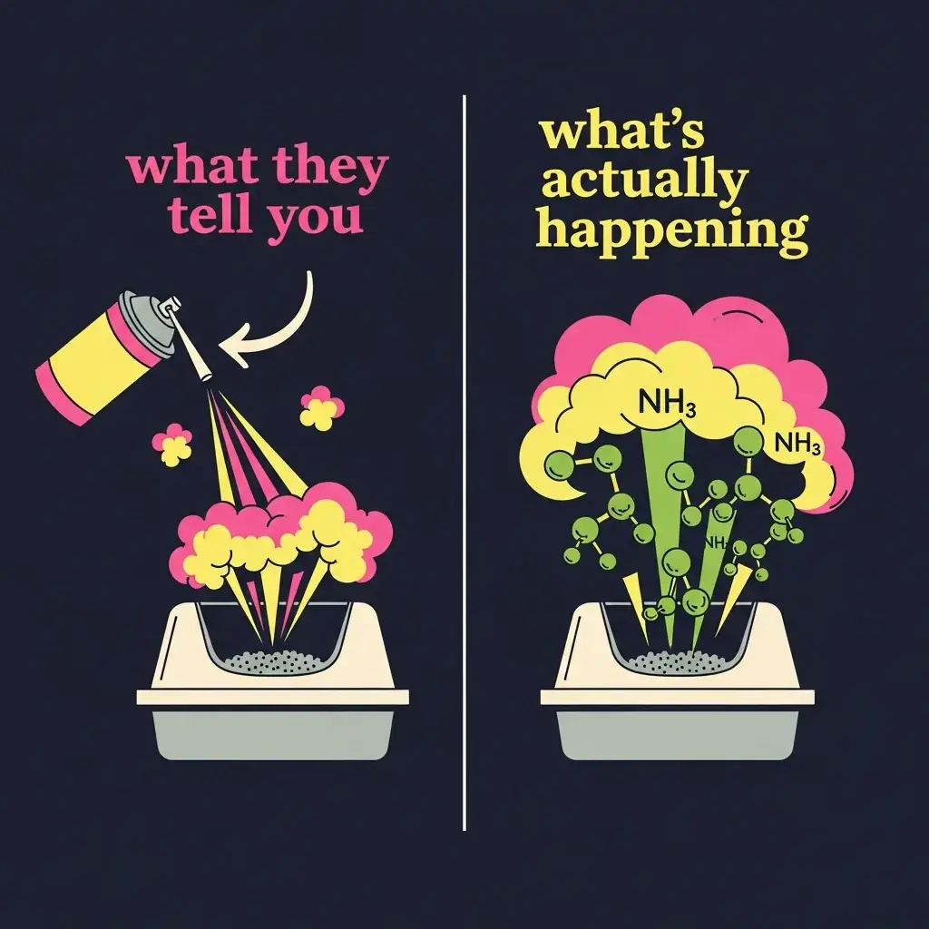 Illustration éditoriale en deux panneaux contrastant ce que vend l'allée des litières et ce qui se passe vraiment