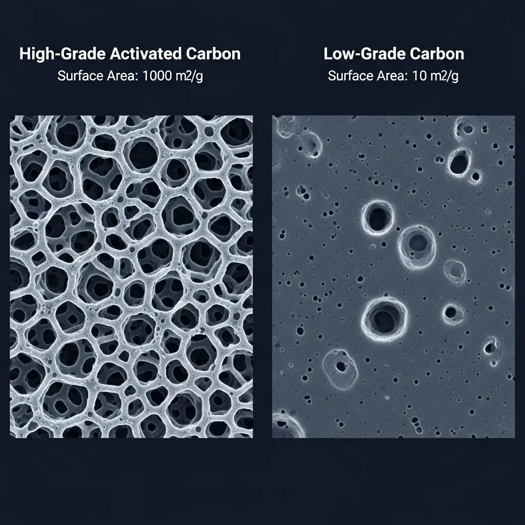 Side-by-side comparison of high-grade microporous activated carbon and low-grade decorative carbon under microscope