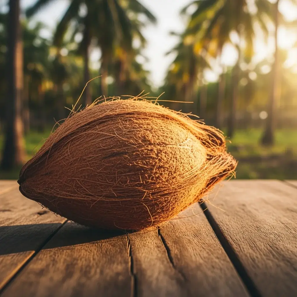 Single coconut husk drying in warm afternoon light at a Philippine plantation