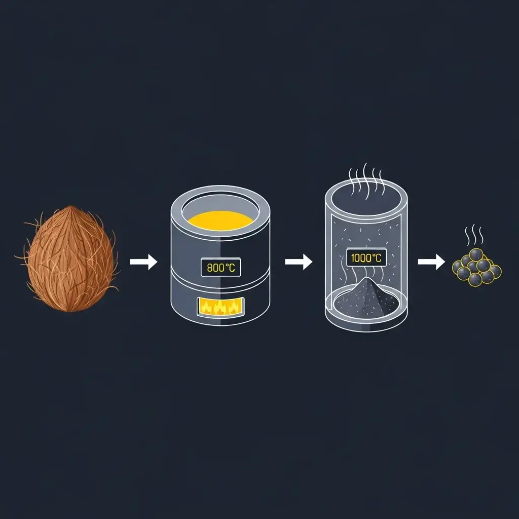 Schematic diagram of the activated carbon production process showing carbonization and steam activation stages