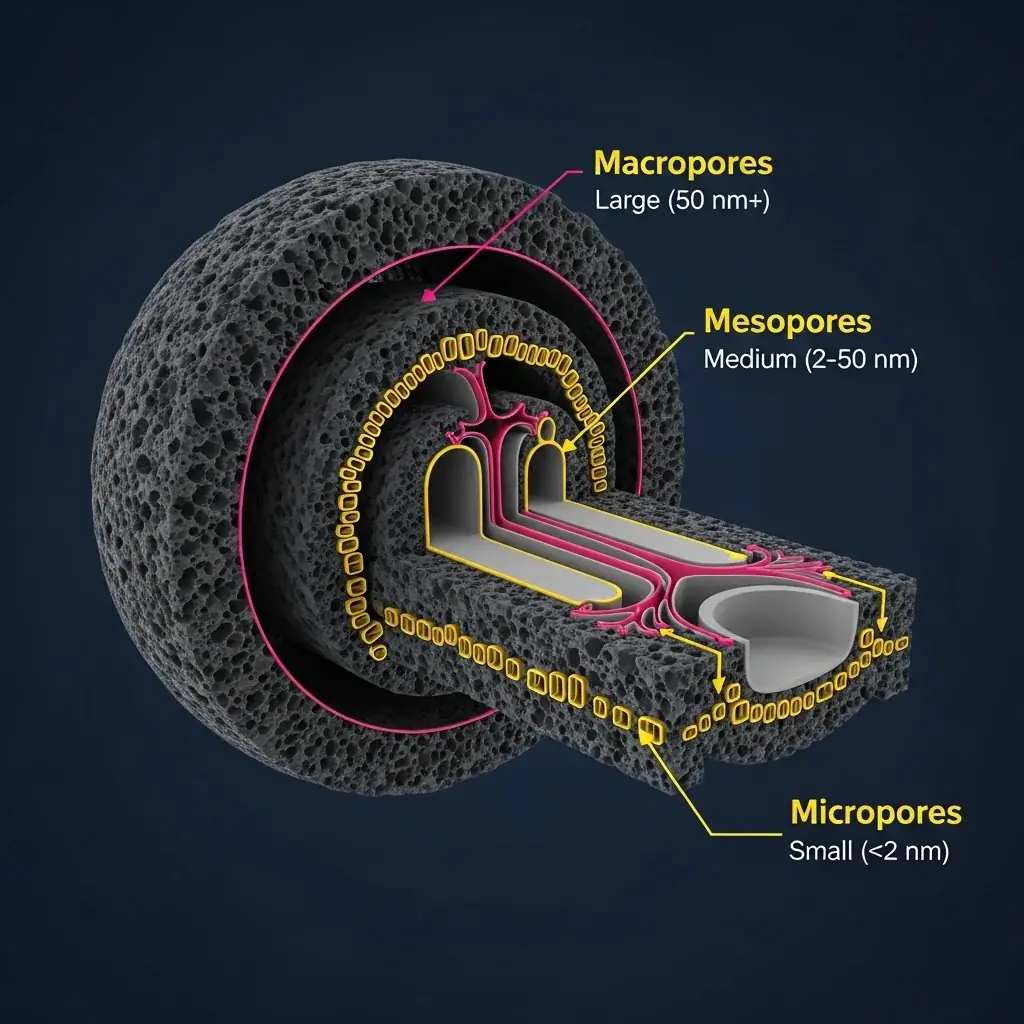 Cross-section illustration of an activated carbon granule showing macropores, mesopores, and micropores at relative scale