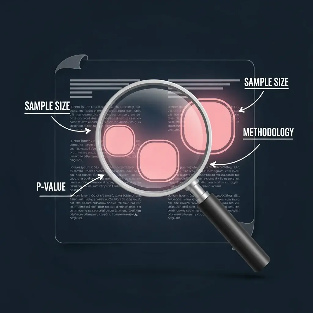 A magnifying glass hovering over the key sections of a scientific paper.