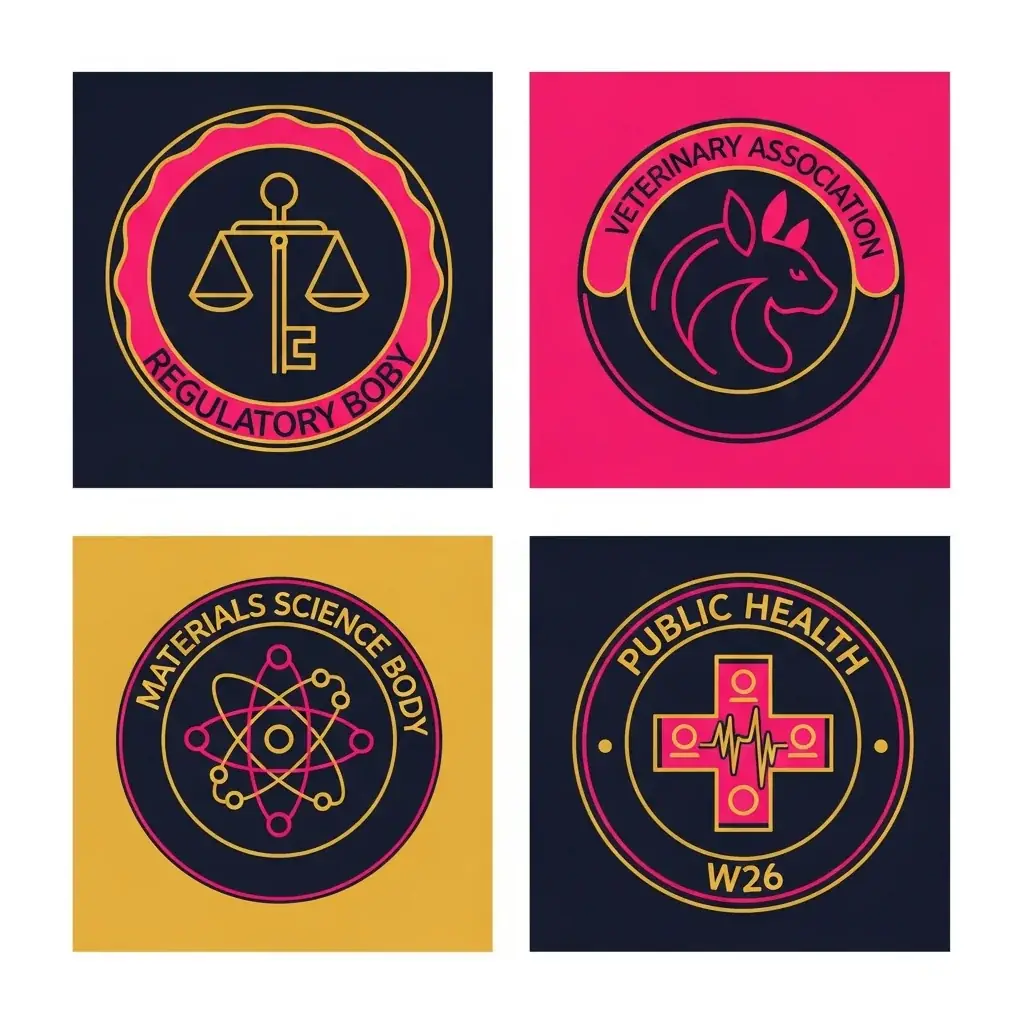 Four abstract organizational seal badges representing independent voices on activated carbon.