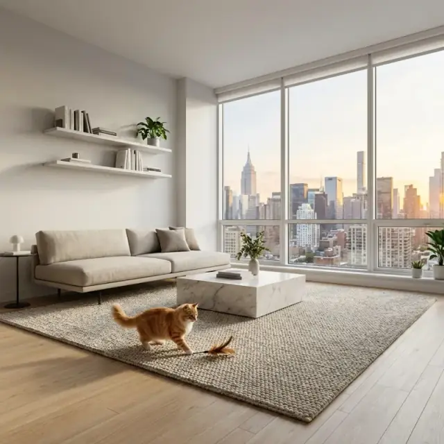 A calm cat parent relaxing at home in a fresh-smelling living room