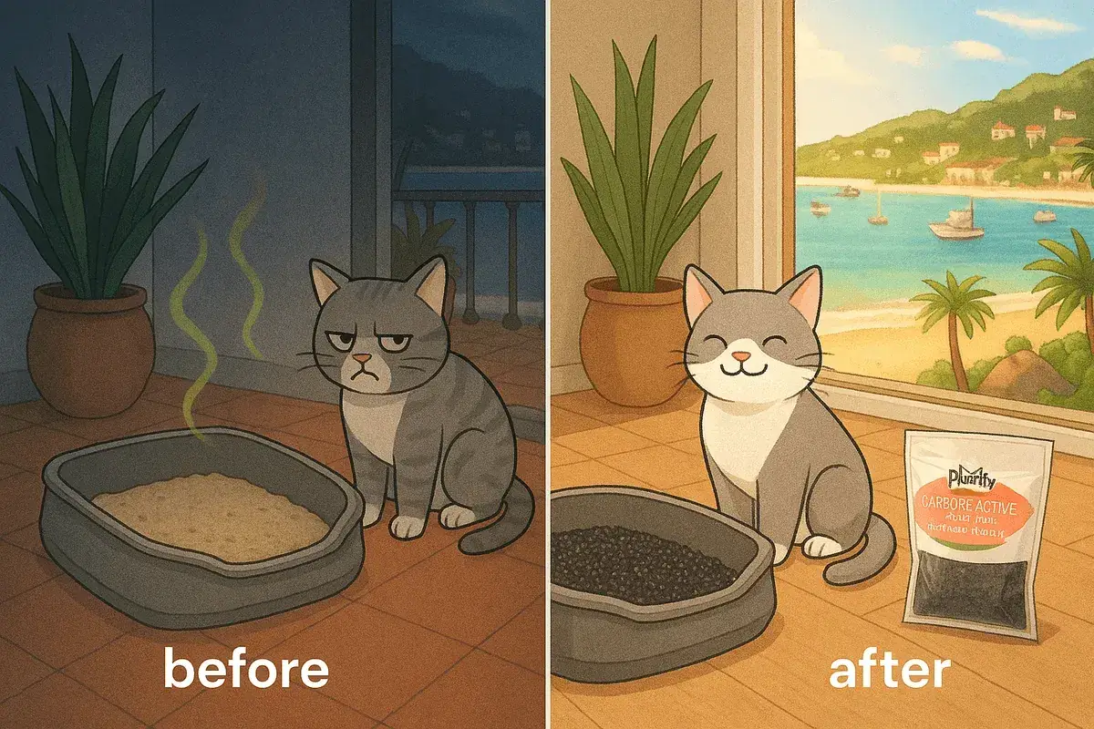Before and after using deodorizer in litter box