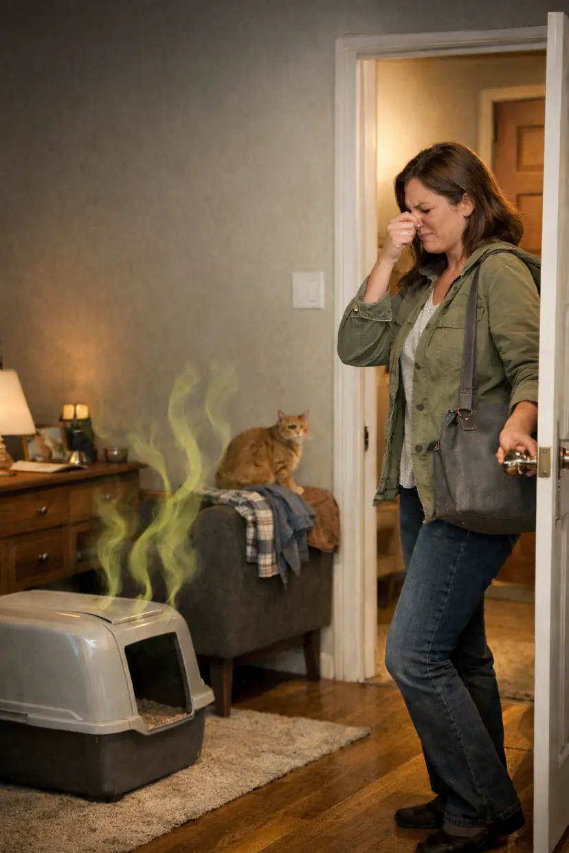 Person holding their nose from litter box odor
