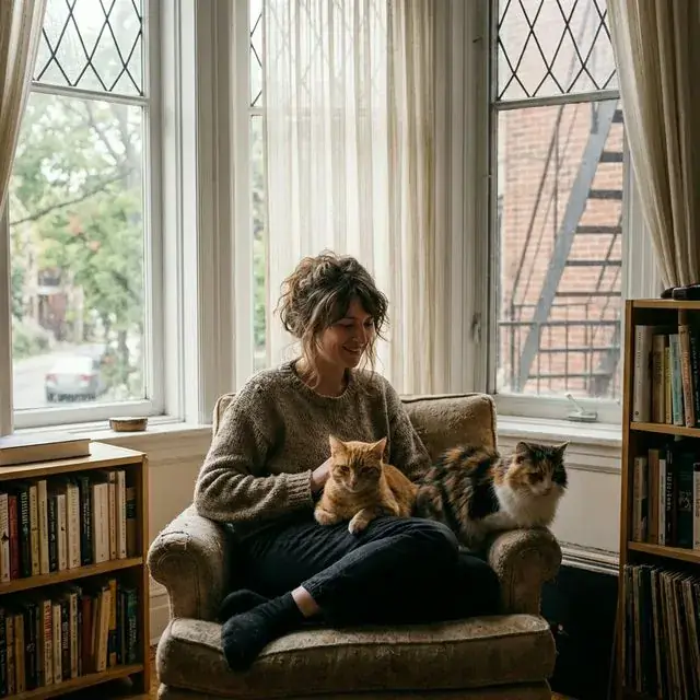 Sarah from Montreal with her cats in her apartment