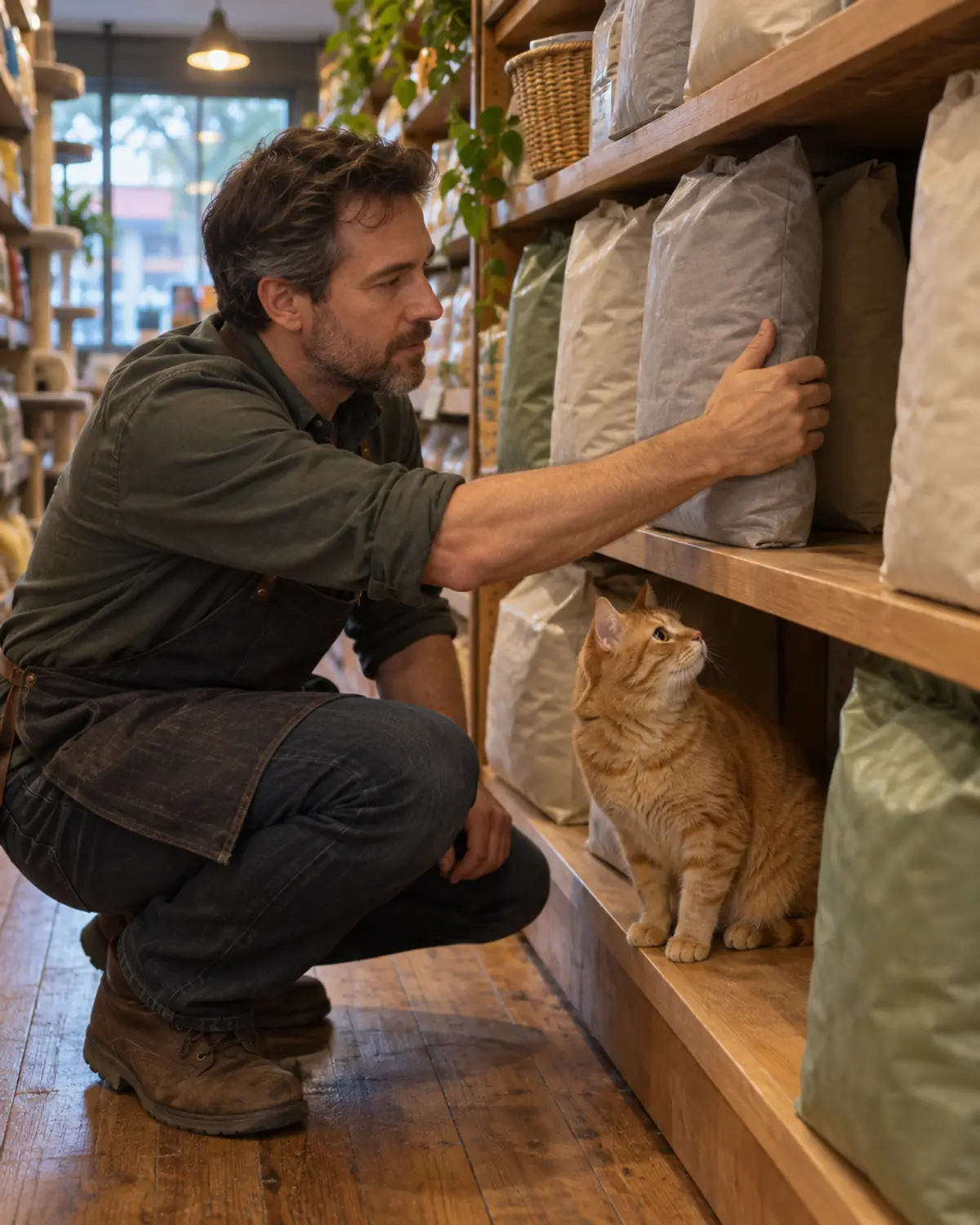 A pet store owner makes room on the litter shelf while the shop cat watches from the bottom shelf