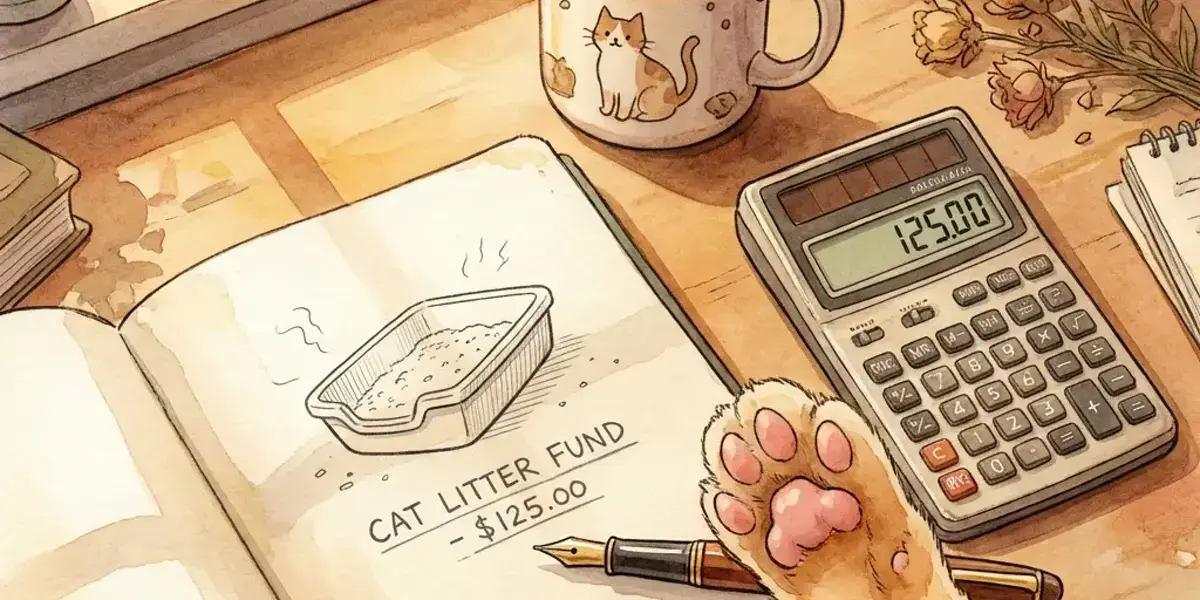 Vue d'un bureau chaleureux avec calculatrice, croquis dessiné à la main et patte de chat