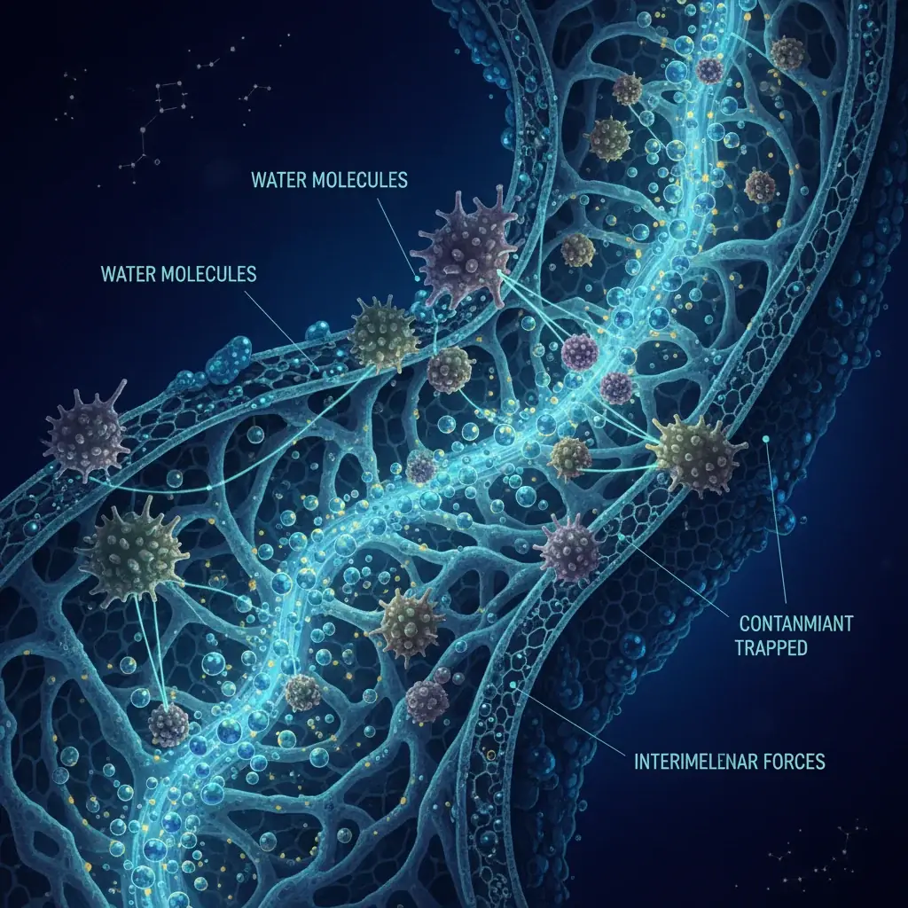 Illustration scientifique du processus d'adsorption : l'eau traverse des pores de charbon actif tandis que des contaminants y sont retenus