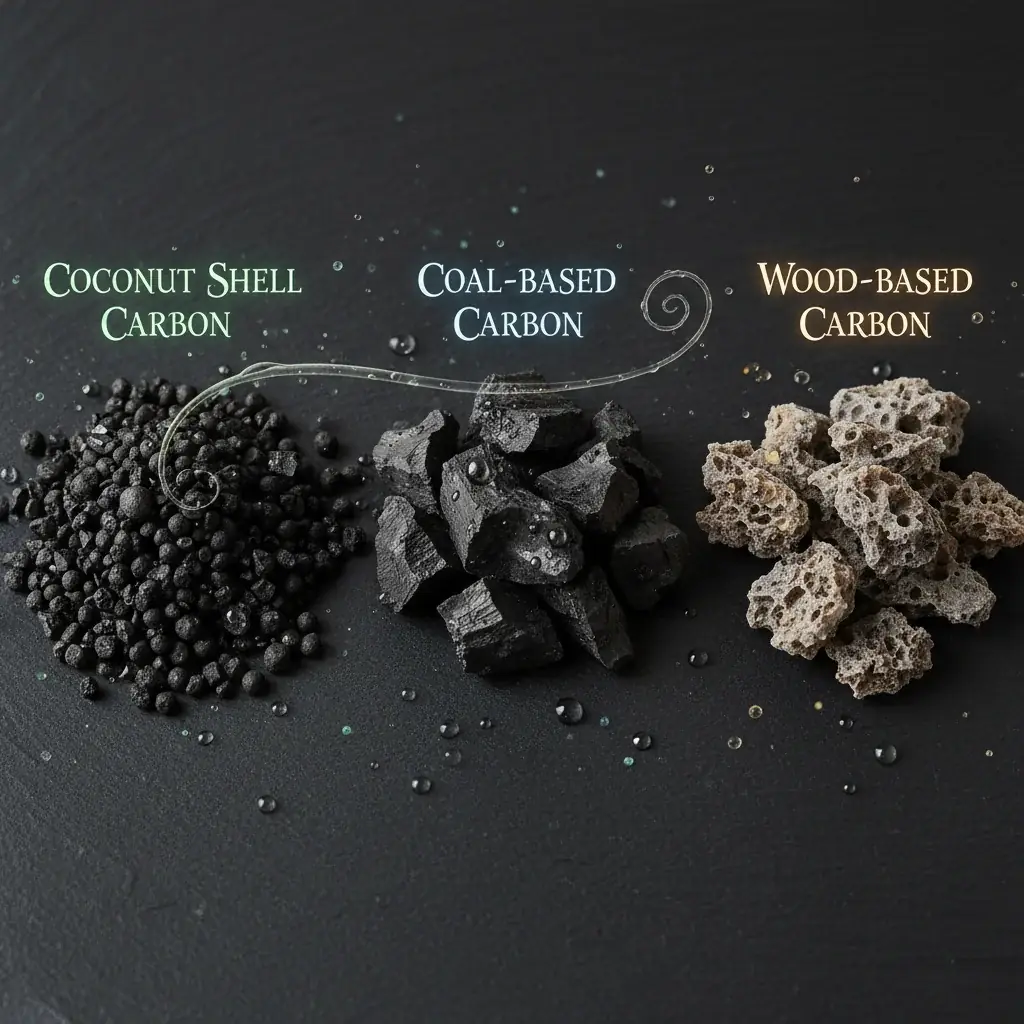 Comparaison de trois types de charbon actif : coque de noix de coco, charbon minéral et bois